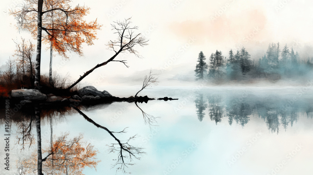 Obraz premium serene lake scene with morning fog, soft pale blues, and grays. Bare trees with autumn leaves reflect on still water, while misty forest creates tranquil, dreamy atmosphere