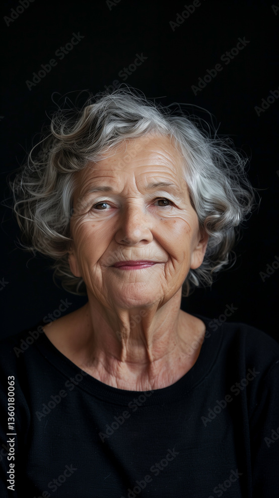 Portrait of a Smiling Senior Woman with Gray Hair Against a Black Background Portrait of a Smiling Senior Woman with Gray Hair Against a Black Background