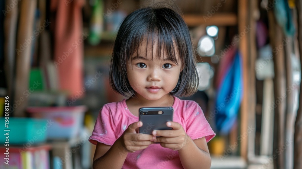 © songpol152 - Child engaged with smartphone rural home portrait photography indoor setting close-up view technology in daily life