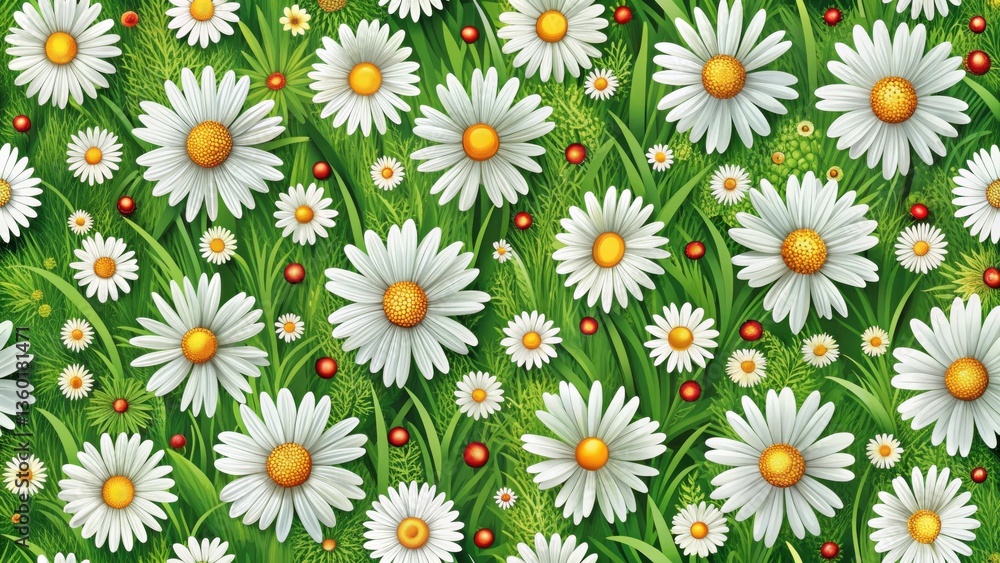 Vibrant Meadow Scene Featuring a Lush Abundance of Daisies and Scattered Berries Vibrant Meadow Scene Featuring a Lush Abundance of Daisies and Scattered Berries