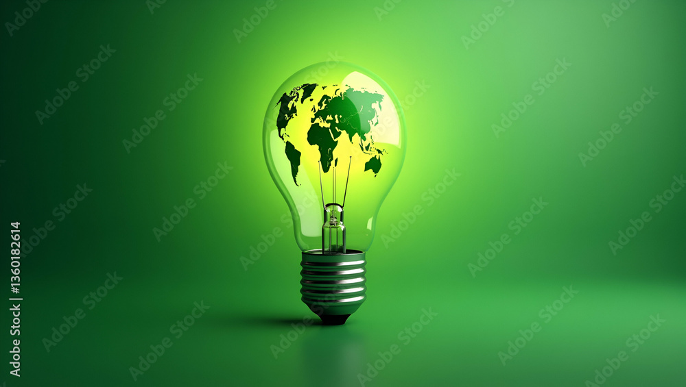 Illuminating the Future: A Light Bulb with a World Map Symbolizing Renewable Energy and Environmental Protection - The Importance of Sustainable Energy Sources for a Greener Planet Illuminating the Future: A Light Bulb with a World Map Symbolizing Renewable Energy and Environmental Protection - The Importance of Sustainable Energy Sources for a Greener Planet