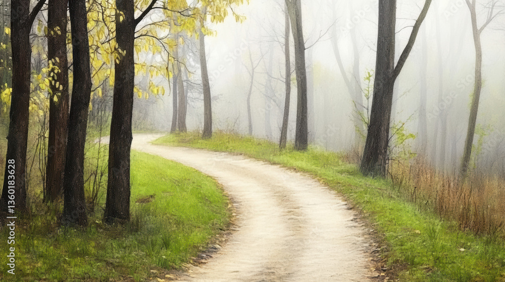 Fototapeta premium serene mist covered forest trail winds through tall trees with subtle greens and grays, creating tranquil and dreamy atmosphere. soft light enhances peaceful mood