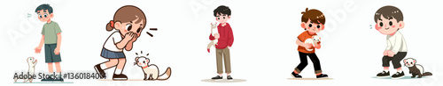 vector of a teenager playing hide and seek with their ferret with a mischievous expression, simple and minimalist flat design style