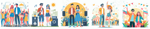 A couple attending a music festival, feeling vibrant. Style flat design, simple, minimalist, background white. Standing fullbody.