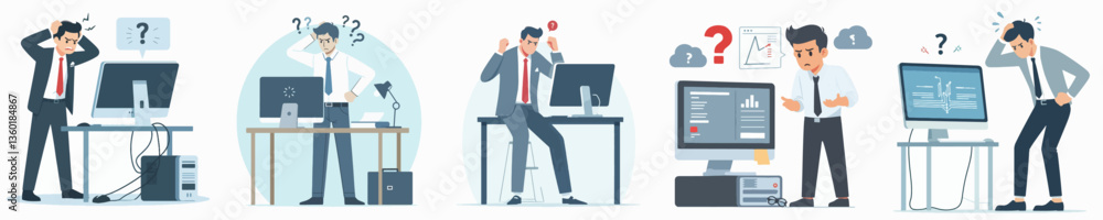 A businessperson troubleshooting a computer problem, feeling frustrated. Style flat design, simple, minimalist, background white. Standing fullbody. A businessperson troubleshooting a computer problem, feeling frustrated. Style flat design, simple, minimalist, background white. Standing fullbody.
