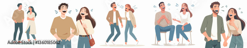 A couple laughing at a joke, feeling happy. Style flat design, simple, minimalist, background white. Standing fullbody.