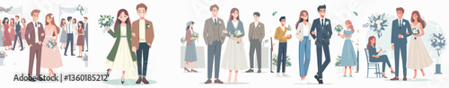 A couple attending a friend's wedding, feeling joyful. Style flat design, simple, minimalist, background white. Standing fullbody.