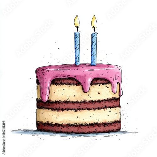 Two Layered Cake with Pink Frosting and Blue Candles