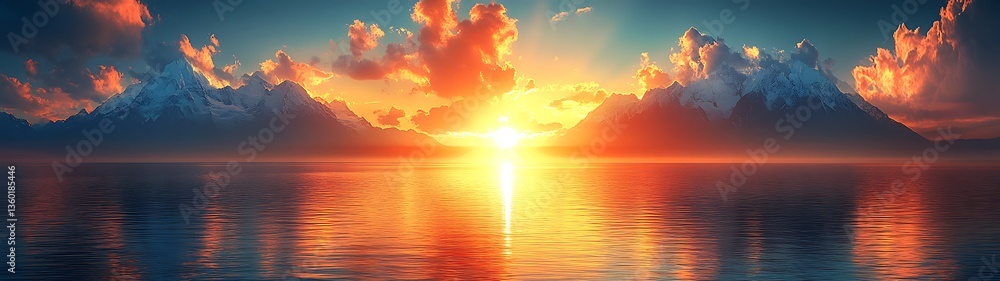 Fototapeta premium Majestic mountains and water reflect the brilliant sunset in the sky