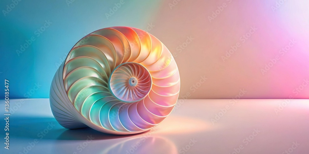 A mesmerizing iridescent spiral shell rests on a minimalist surface, bathed in soft, pastel light. The smooth curves and vibrant hues create a captivating visual experience. A mesmerizing iridescent spiral shell rests on a minimalist surface, bathed in soft, pastel light. The smooth curves and vibrant hues create a captivating visual experience.