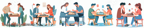 A couple playing board games, feeling competitive. Style flat design, simple, minimalist, background white. Standing fullbody.