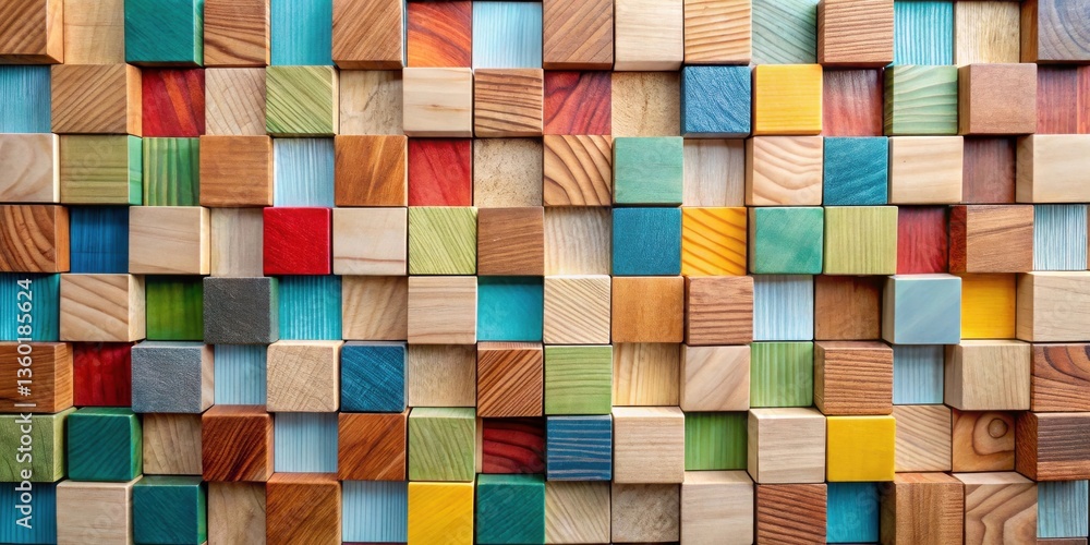 A vibrant array of multicolored wooden blocks arranged in a captivating, textured pattern, creating a visually stimulating and aesthetically pleasing composition. A vibrant array of multicolored wooden blocks arranged in a captivating, textured pattern, creating a visually stimulating and aesthetically pleasing composition.