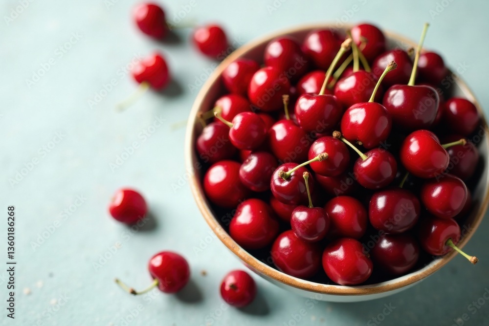 A bowl overflowing with plump, vibrant red cherries, scattered around it on a tranquil blue surface, a delightful summer still life A bowl overflowing with plump, vibrant red cherries, scattered around it on a tranquil blue surface, a delightful summer still life