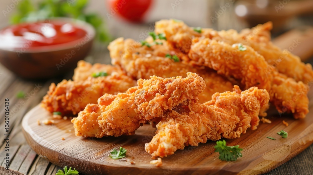 Crunchy golden breaded chicken fingers strips on the table Crunchy golden breaded chicken fingers strips on the table