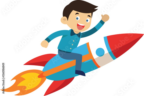 A cartoon boy riding on a rocket flying vector illustration