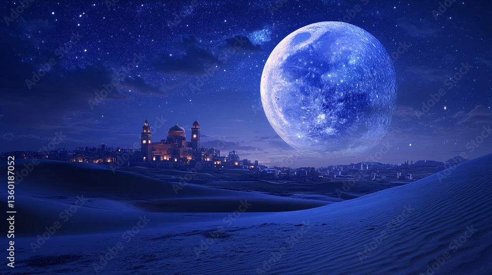 Enchanting Desert Cityscape at Night with Giant Blue Moon and Starry Sky Enchanting Desert Cityscape at Night with Giant Blue Moon and Starry Sky