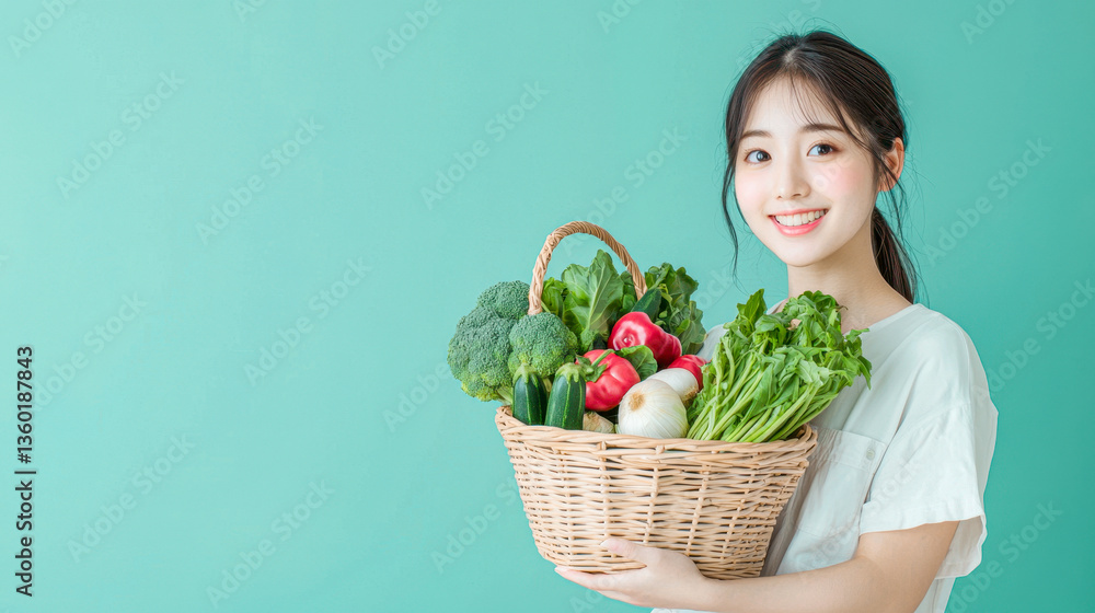 Smiling woman holds a basket overflowing with fresh, colorful vegetables against a vibrant background Smiling woman holds a basket overflowing with fresh, colorful vegetables against a vibrant background