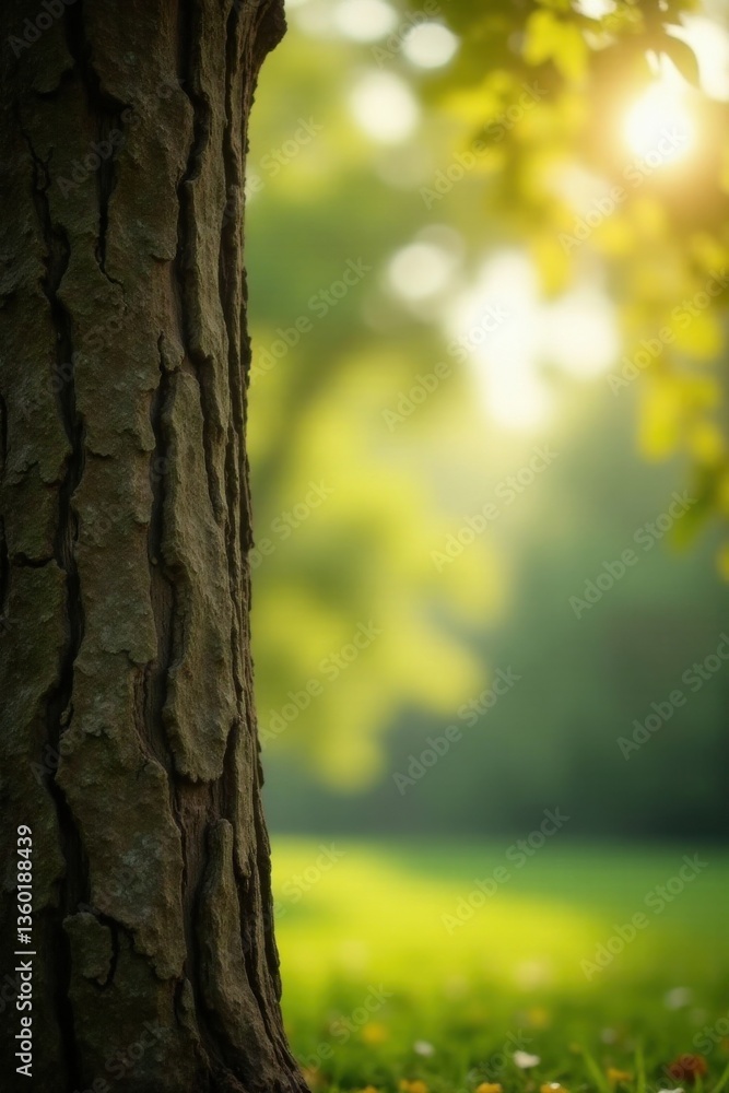 Obraz premium Sunlit Tree Trunk and Soft Focus Meadow Landscape Featuring a Detailed Bark Texture