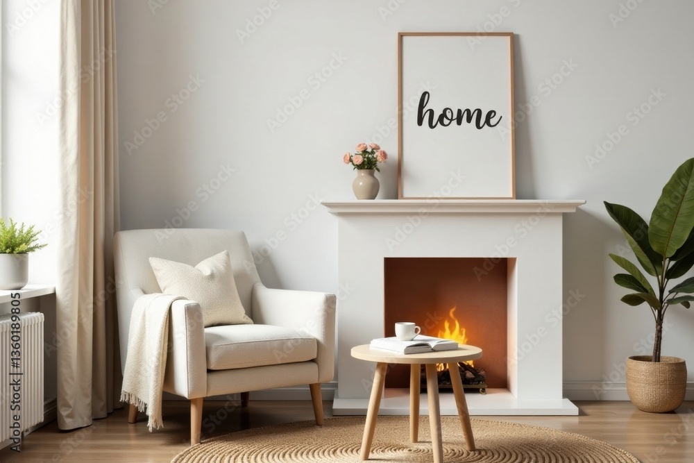 Obraz premium Cozy Living Room Interior with Fireplace and Comfortable Armchair Featuring a Home Decor Sign