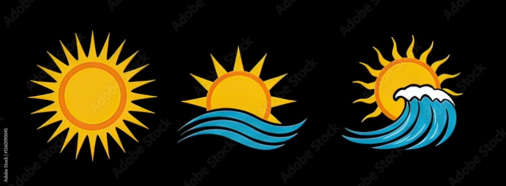 Sun and Sea Vector Graphics with Wave Illustrations on Black Background Sun and Sea Vector Graphics with Wave Illustrations on Black Background