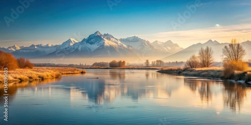 Wallpaper Mural Serene River Reflecting Majestic Snow-Capped Mountains at Dawn Torontodigital.ca