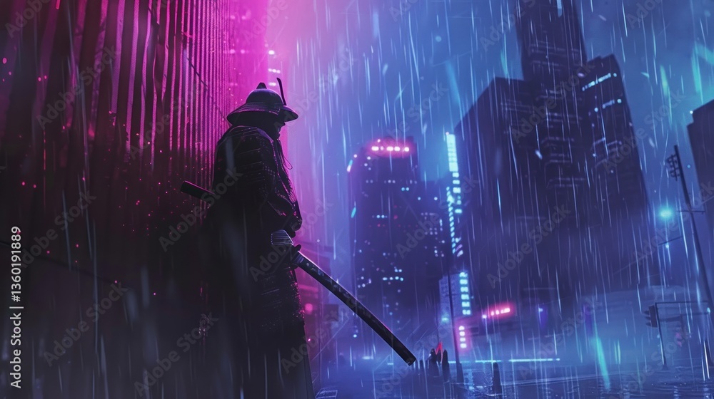 Fototapeta premium A silhouette man in a black robe stands on a rooftop looking out over a city at night