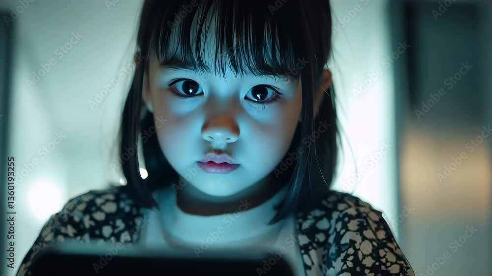 Child focused on smartphone screen with strained eyes in a dimly lit room Child focused on smartphone screen with strained eyes in a dimly lit room