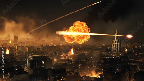 Missiles strike urban landscape as city faces devastation and chaos at dusk