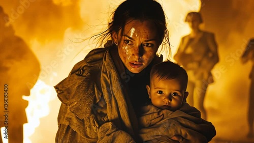 Desperate mother carries baby through chaotic war zone filled with fire and danger amidst looming soldiers