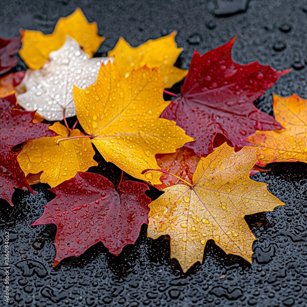 Water Droplets on Colorful Autumn Leaves on Dark Background Water Droplets on Colorful Autumn Leaves on Dark Background