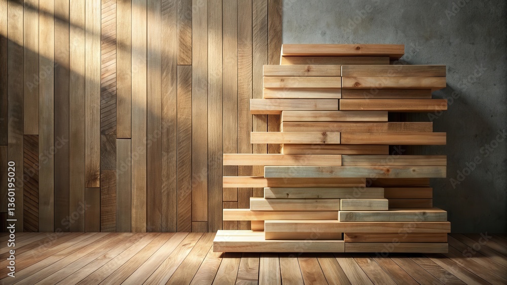 Sunlit Wooden Planks Arranged as an Abstract Composition Against a Rustic Wooden Wall Sunlit Wooden Planks Arranged as an Abstract Composition Against a Rustic Wooden Wall