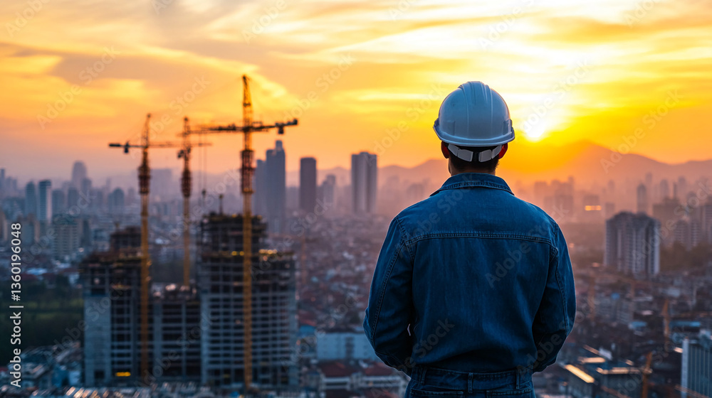 Construction worker in denim jacket and hard hat observes cityscape sunset, symbolizing progress, ambition, and urban development Construction worker in denim jacket and hard hat observes cityscape sunset, symbolizing progress, ambition, and urban development