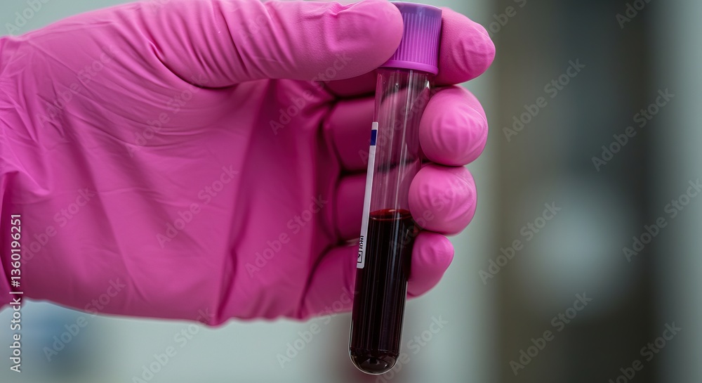 Naklejka premium Pink gloved hand holding a test tube filled with a dark red liquid, equipment, healthcare, dental, tool, medical, clinic, instrument
