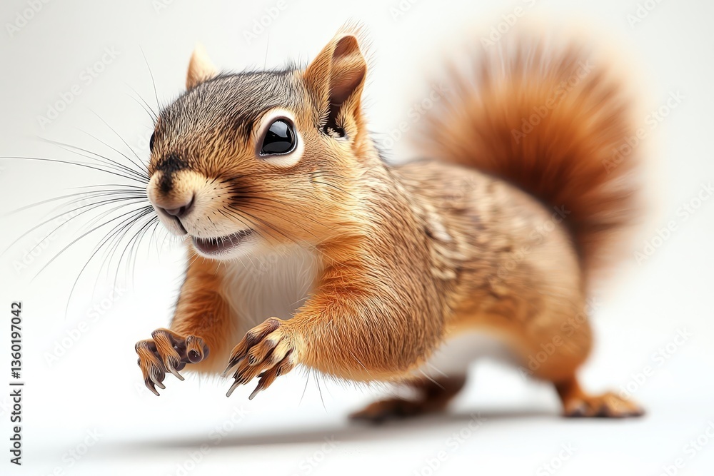 Obraz premium Adorable squirrel with bushy tail and whiskers in playful pose on white background