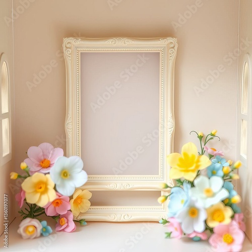 Blank picture frame on the wall with vintage lamp and armchair