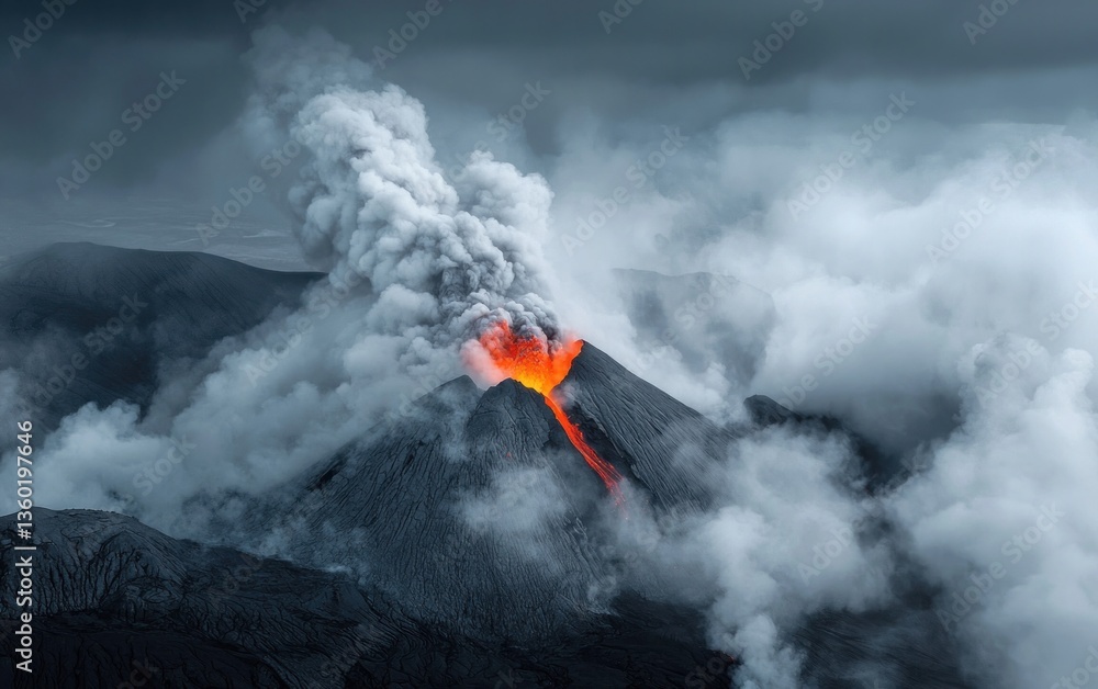 Fototapeta premium Dramatic Volcanic Eruption with Lava Flow and Smoke Plumes