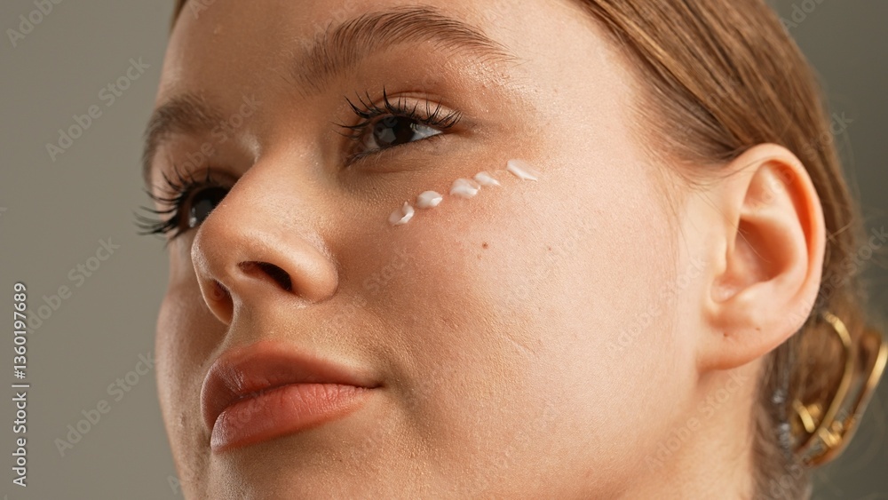 Fototapeta premium Young woman posing at camera smiling with face cream drops on the cheek smooth skin, close shot isolated on white background.