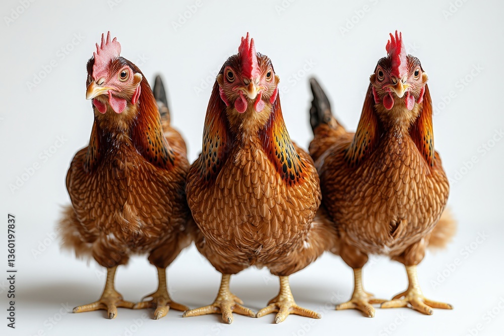 Naklejka premium Three curious chickens standing in a row with white background