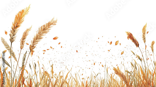 Watercolor illustration depicting a field of wheat or similar grasses against a white background.  The artwork features various shades of gold, yellow, and brown, representing different stages of