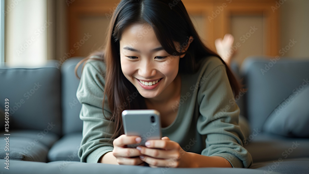 Young Asian female smiling while surfing internet on mobile phone lying on sofa showcasing casual online activity and digital connectivity in relaxed home environment concept as Young Asian female smi Young Asian female smiling while surfing internet on mobile phone lying on sofa showcasing casual online activity and digital connectivity in relaxed home environment concept as Young Asian female smi