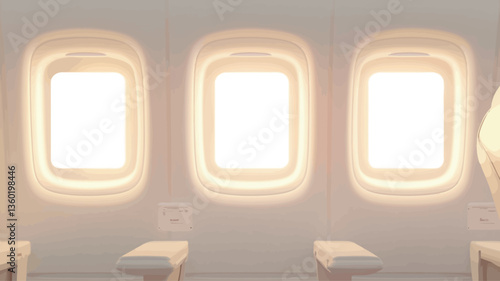 The image shows three airplane windows in a row, illuminated from outside.  The windows are oval-shaped with a white frame.  Below the windows, portions of light-colored airplane seats are visible.