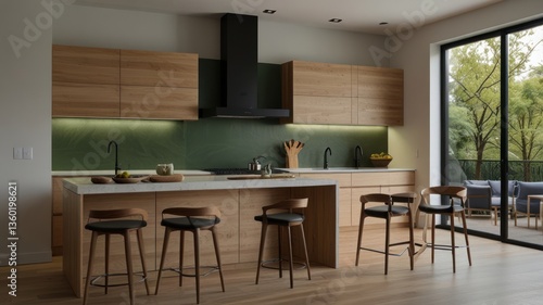 Modern kitchen featuring light wood cabinets, island with seating, and outdoor view
