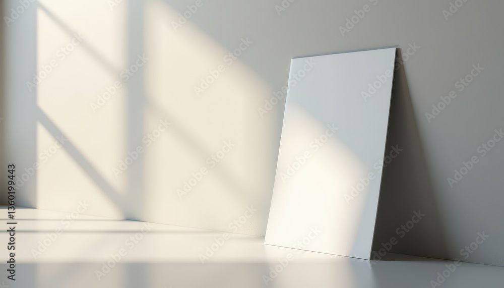 Fototapeta premium A blank white canvas leans against a wall, with soft sunlight creating dynamic shadows. This minimalistic setup is ideal for showcasing artwork, designs, or creative concepts in an elegant setting