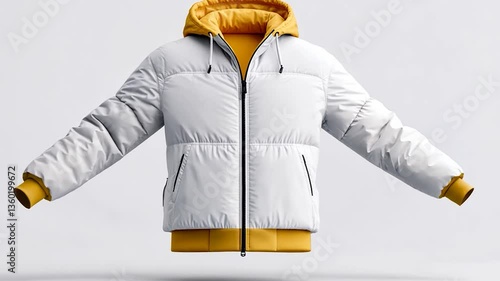 Stylish white and yellow puffer jacket floating against a clean backdrop, showcasing modern fashion