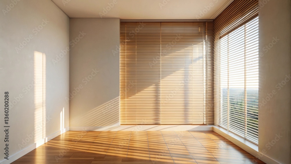 Obraz premium Empty room with wooden blinds and sunlight streaming through the window, creating warm and inviting ambiance