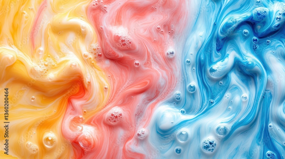 Obraz premium Vibrant swirling colors blend, creating an abstract design with soft, frothy texture. A mix of yellow, pink, and blue hues combine and intertwine with air bubbles