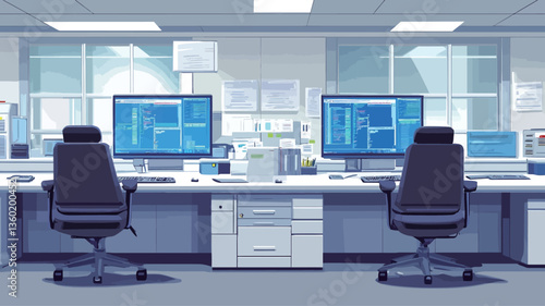 The image depicts a wide shot of a modern control room interior. Two identical workstations are positioned side-by-side, each featuring a large computer screen displaying blue graphical data, a