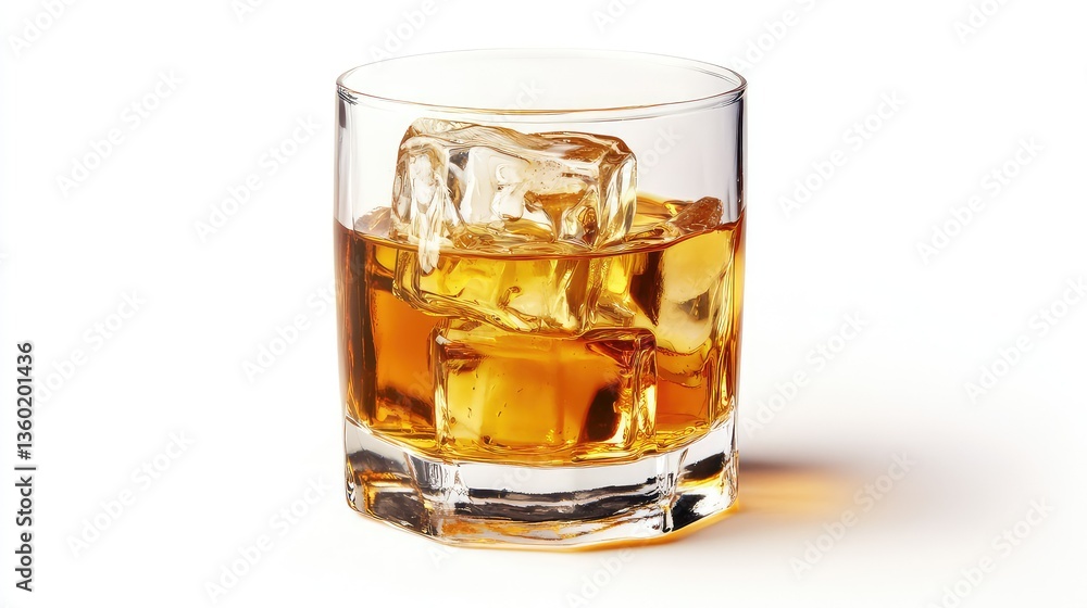 A glass of whiskey on the rocks with large ice cubes, set against a clean, neutral background A glass of whiskey on the rocks with large ice cubes, set against a clean, neutral background
