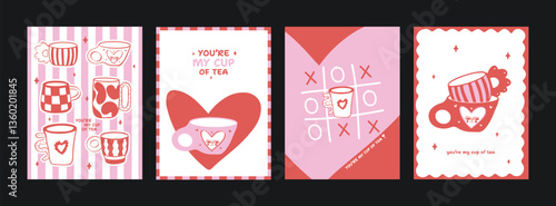 Abstract cute posters in minimalist retro style – Tea cups and cozy mugs. Playful wall decor, trendy Valentine poster in the cartoon style of Matisse. Decor of wallpaper, walls, print and postcards