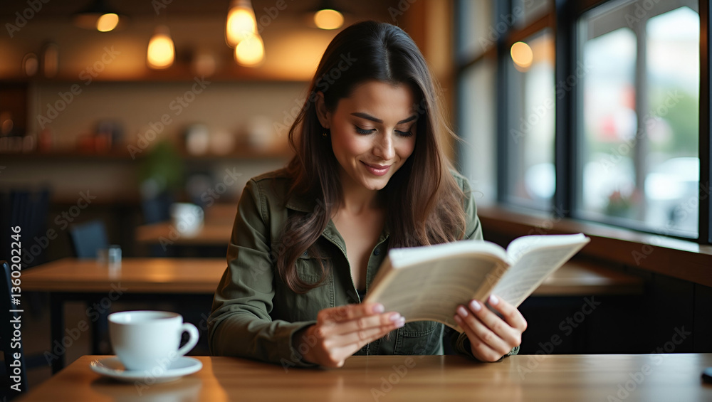 Beautiful Woman Enjoying a Magazine in a Cozy Cafe: Capturing Relaxed Lifestyle and Leisure Activities in a Charming Coffee Shop Setting with Ample Empty Space for Creative Use Beautiful Woman Enjoying a Magazine in a Cozy Cafe: Capturing Relaxed Lifestyle and Leisure Activities in a Charming Coffee Shop Setting with Ample Empty Space for Creative Use